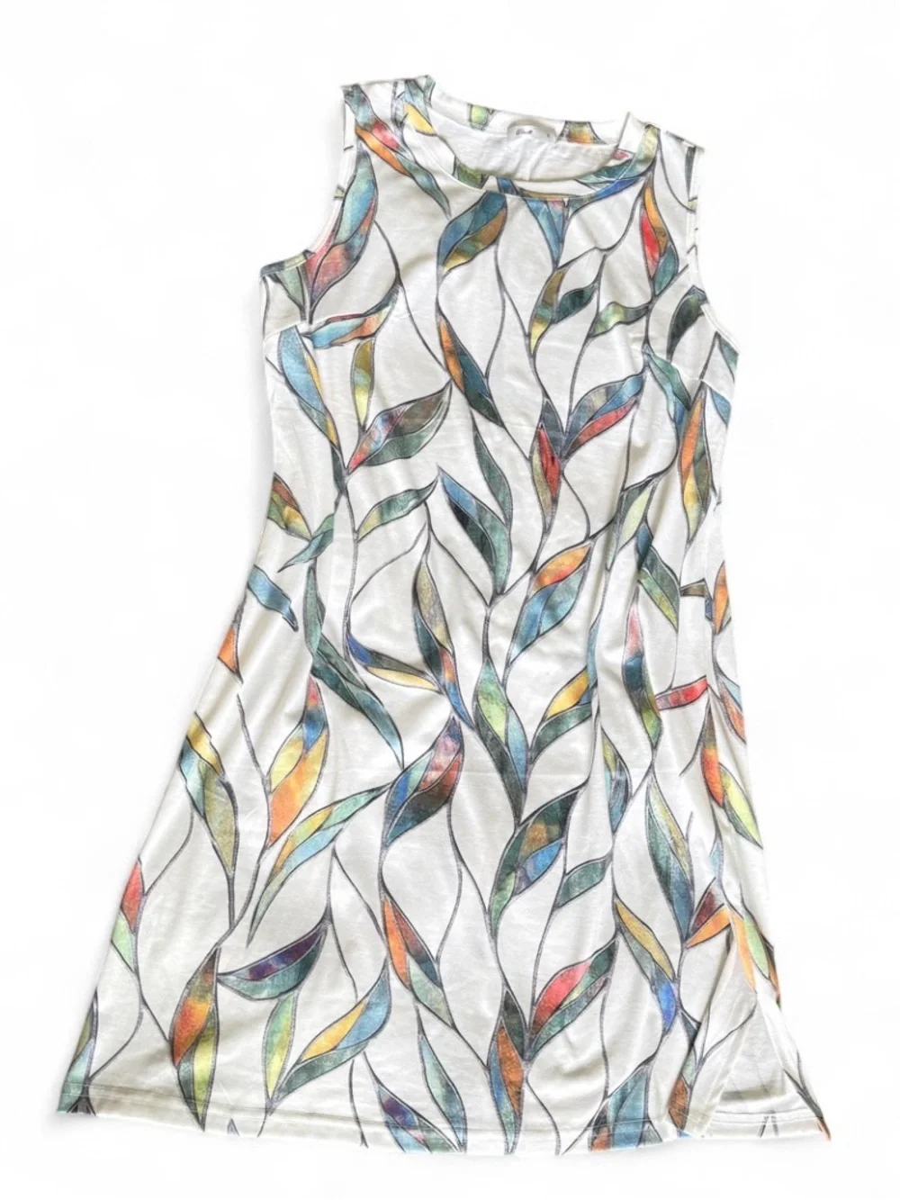 Sleeveless White Mini Dress with Multicolor Leaf Print